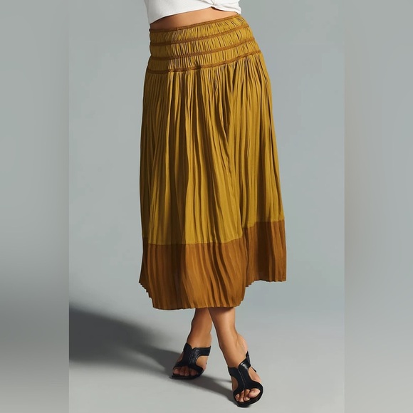 Anthropologie Tiered A-Line midi Skirt Large bronze gold New NWT pull on satin - Picture 7 of 12